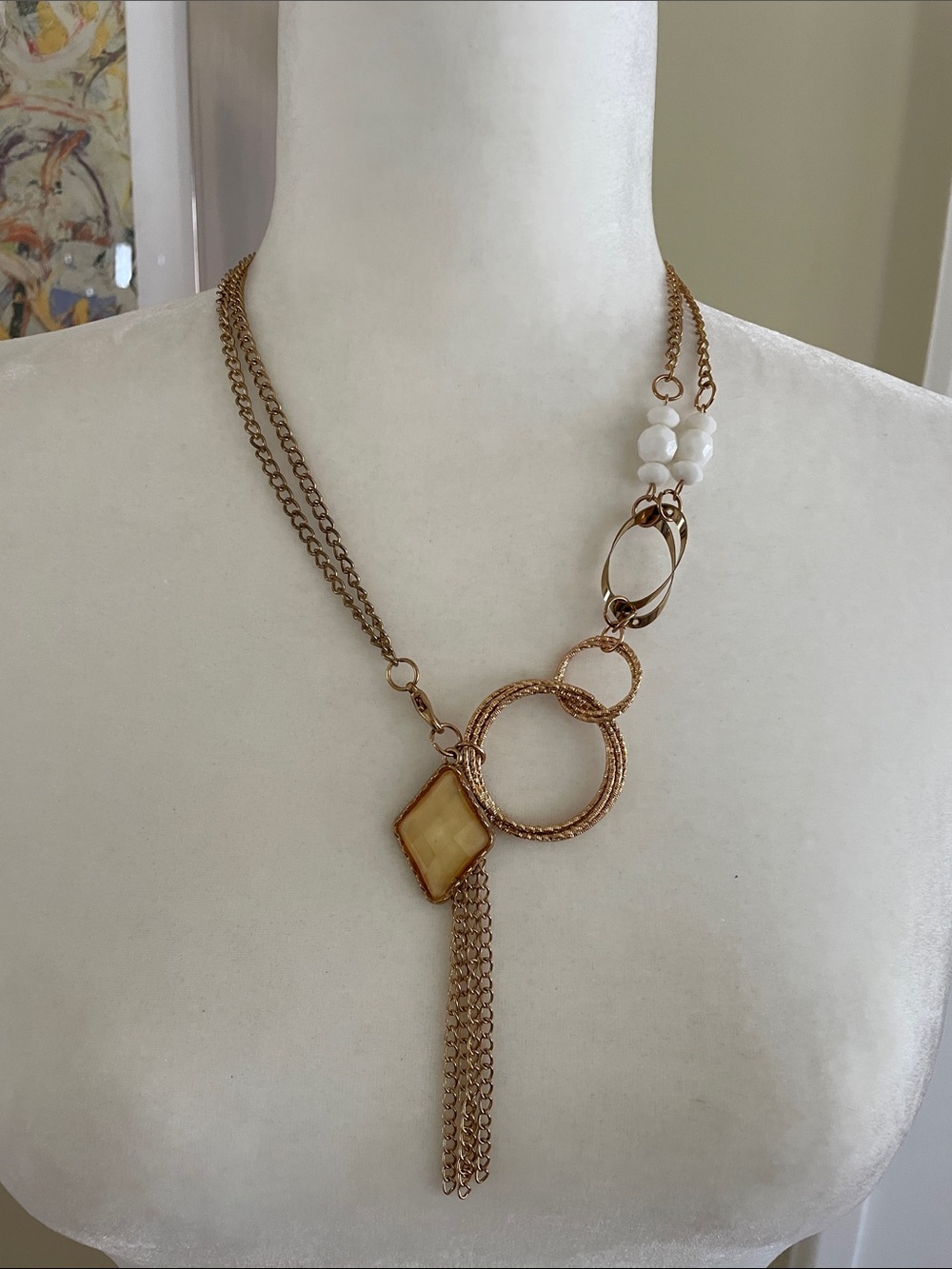 VINTAGE GOLD ASYMMETRICAL MULTI-LINK TASSEL NECKLACE Mixed Media Geometric